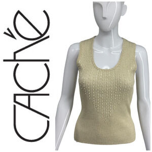 Vintage Y2K Cache Sz M Gold Metallic Ribbed Sweater Tank Beaded Embellished